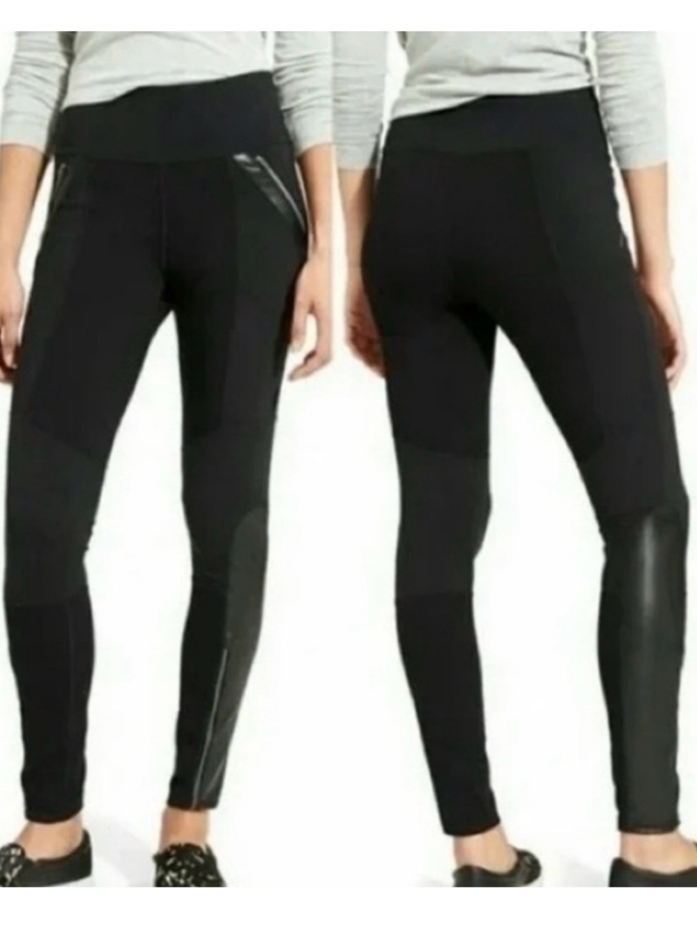 Athleta Ponte Luxe Faux Leather Leggings Zip Pocket Black Pants 8P